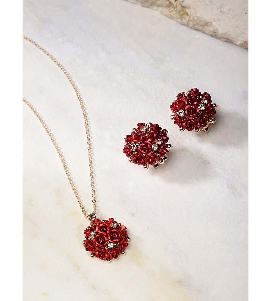 YouBella Red Gold-Plated Stone-Studded Floral Jewellery Set